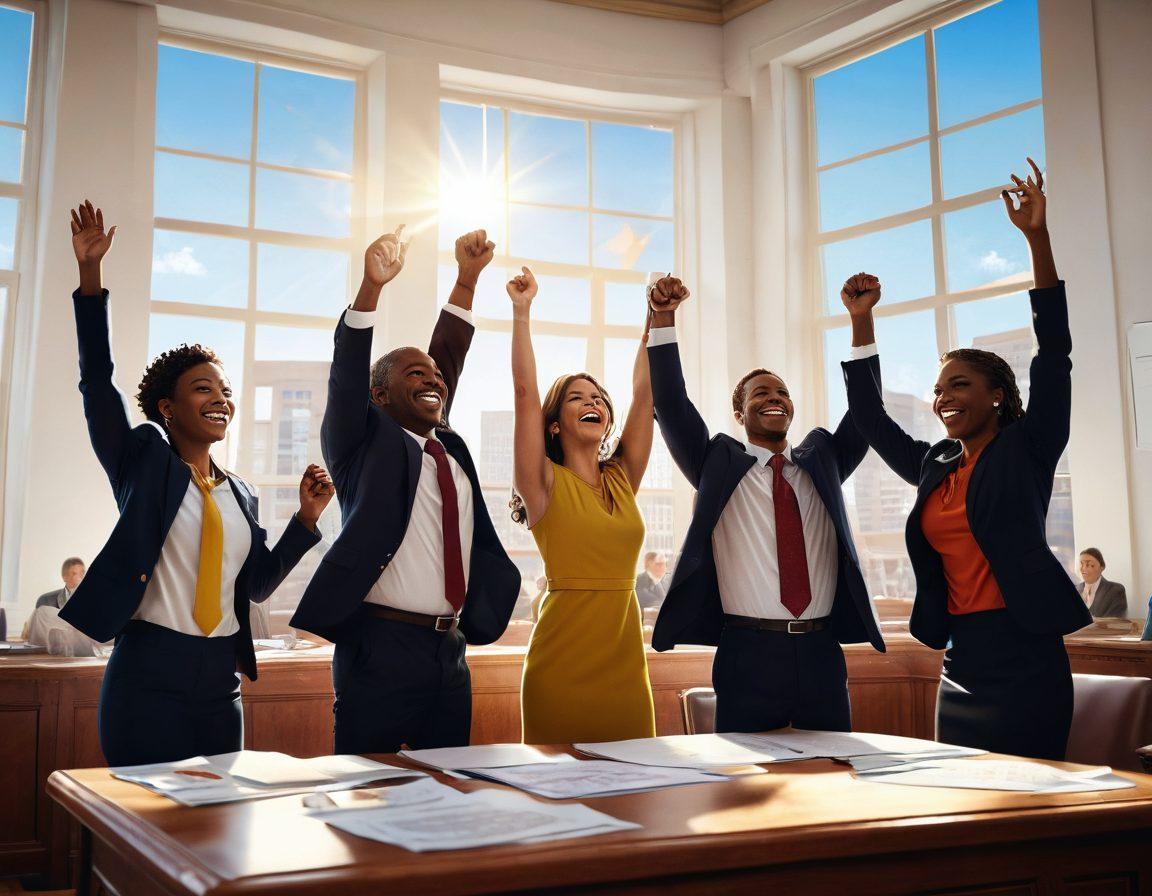 A vibrant courtroom scene where a diverse group of joyful attorneys and clients celebrate a successful resolution, papers flying in the air, smiles all around, bright sunlight streaming through large windows, a balance scale subtly highlighted in the background representing justice, conveying positivity and triumph. super-realistic. vibrant colors. 3D.