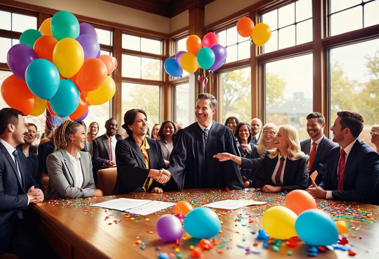 An upbeat courtroom scene featuring a smiling judge and joyful lawyers shaking hands, surrounded by colorful balloons and confetti to celebrate a positive legal resolution. Include diverse individuals in the audience sharing smiles and support, while a bright sun shines through the windows, emphasizing a hopeful atmosphere. super-realistic. vibrant colors. cheerful tone.
