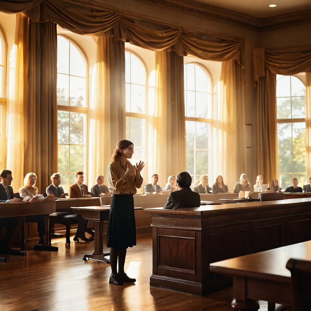 A serene courtroom scene with soft golden light streaming through large windows, highlighting a calm and hopeful figure in the foreground, possibly a person preparing mentally for their court date. The background features supportive friends or family members, giving thumbs up, symbolizing encouragement and positivity. In the atmosphere, include gentle elements like floating positivity quotes or a soft-winded breeze represented by flowing curtains. super-realistic. warm colors. uplifting atmosphere.